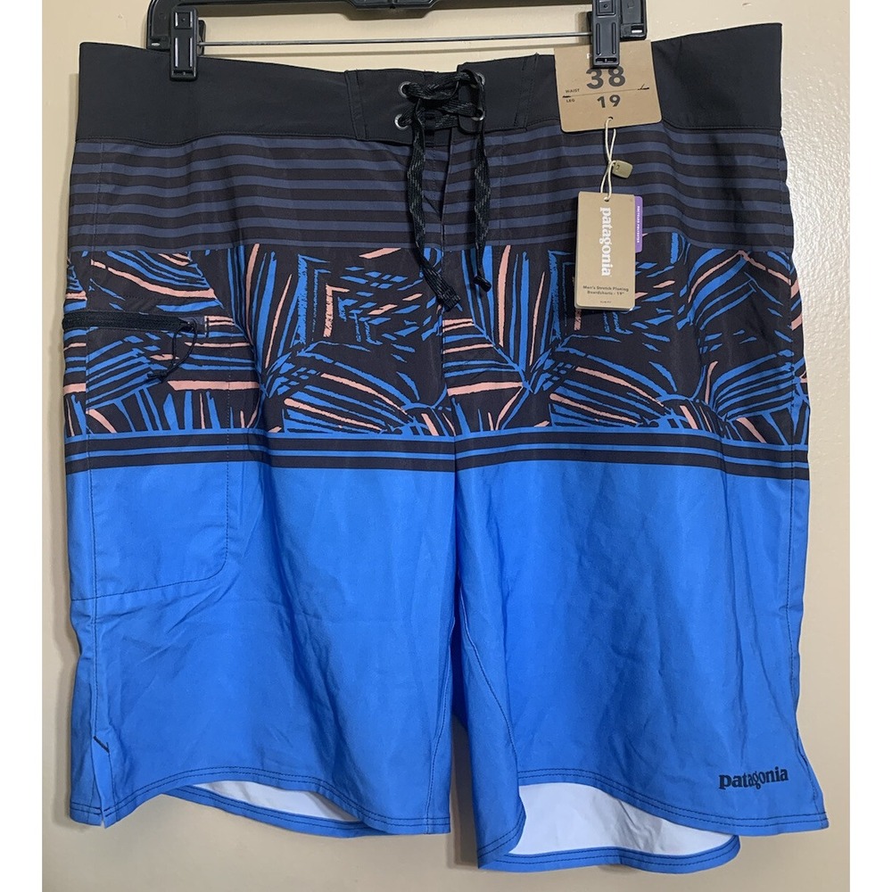 NEW Patagonia Men's Size 38 / 19 Slim Fit Rain Fern Stripe Port Blue Boardshorts